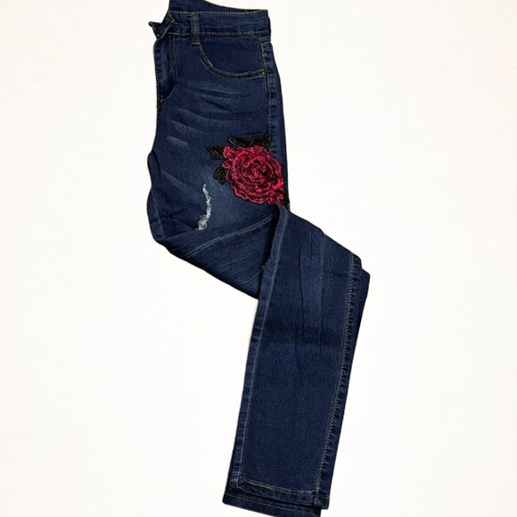 Rose Print Women Blue Jeans - Picture 6 of 7